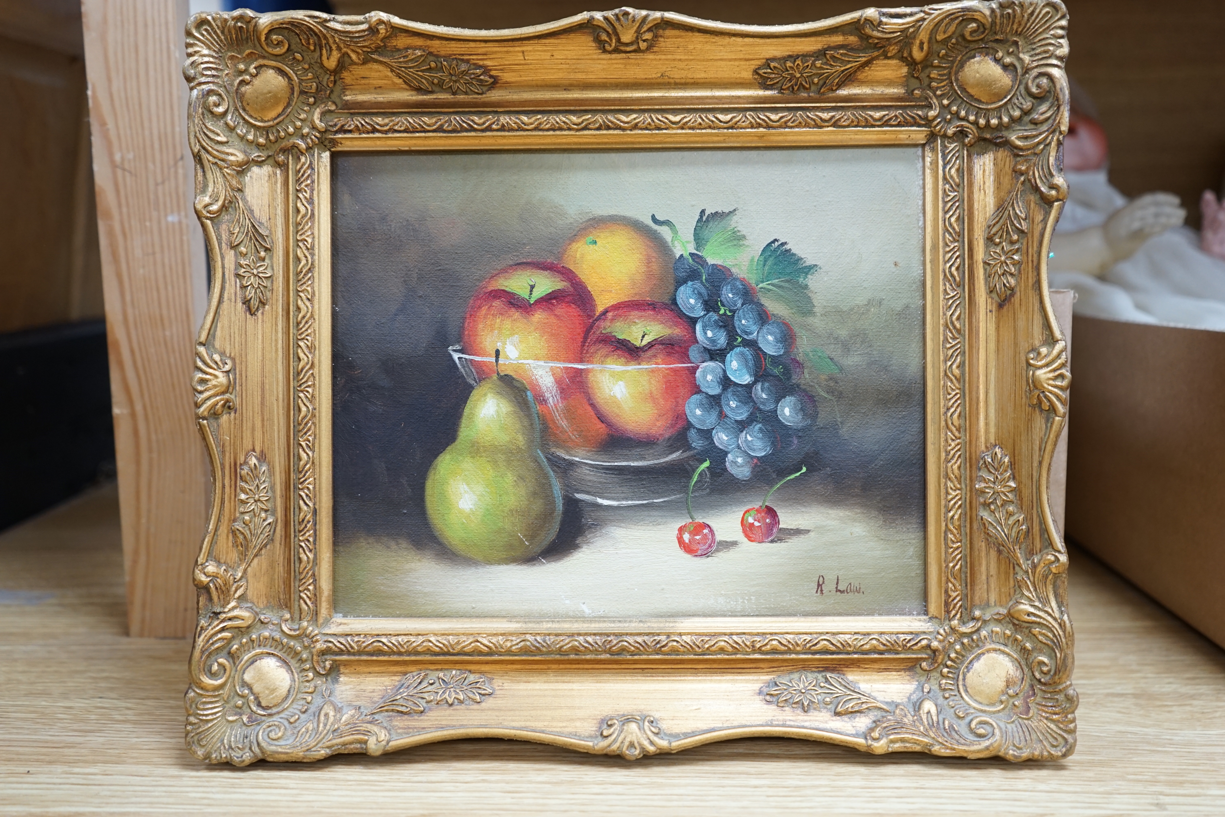 R Law, oil on canvas, Still life of fruit, signed, 20 x 24cm